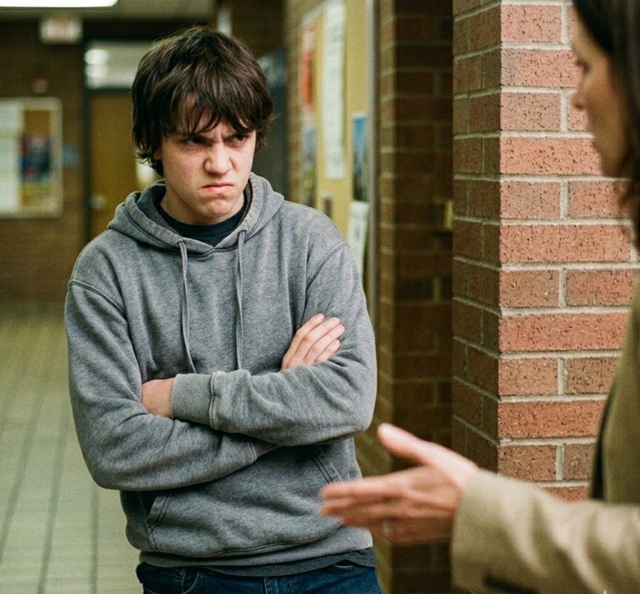 Evde tartışma sonrası öfkesini düzenlemekte zorlanan ergenin gergin ifadesi