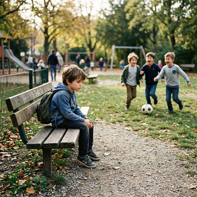 Okul koridorunda dışlanma yaşayan çocuğunu anlamaya çalışan kaygılı ebeveyn