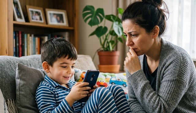 Tablet kullanan çocuk ve endişeli ebeveyn — çocuklarda ekran süresi ve bağımlılık belirtileri