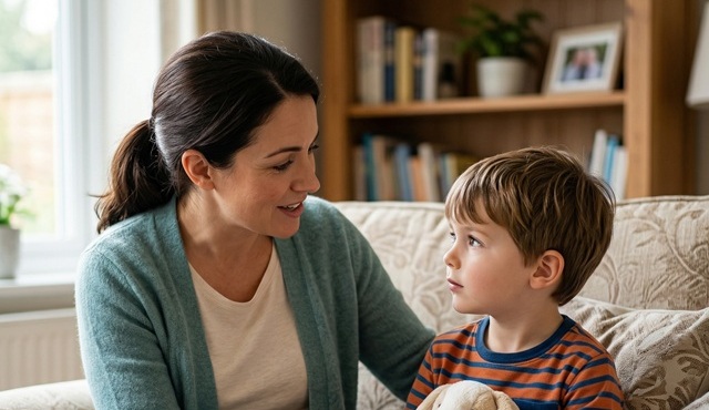 Yas yaşayan çocukla yaşa uygun iletişimi simgeleyen destekleyici aile sahnesi