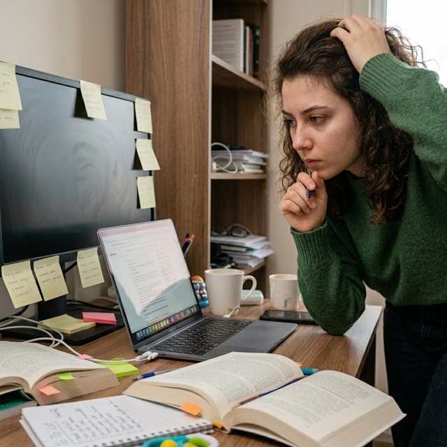 Yetişkin DEHB belirtileriyle günlük tempoda zorlanan düşünceli bir kadın