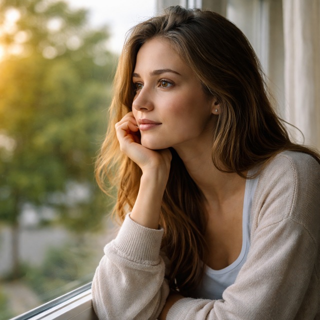 Dinlenmiş olmasına rağmen yorgun hisseden, pencereden dışarı bakan bir kadın