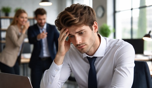 İş yerinde psikolojik baskı hisseden genç yetişkinin kaygılı duruşu