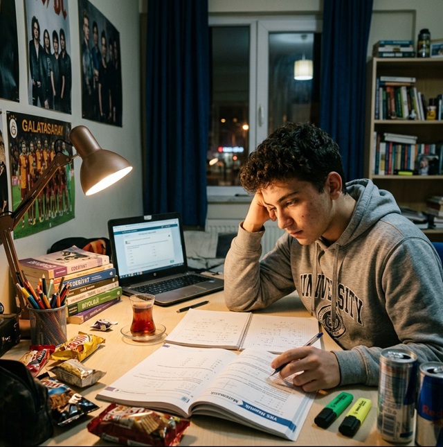 Sınav döneminde duygusal yorgunluk yaşayan öğrencinin çalışma masasında düşünceli anı