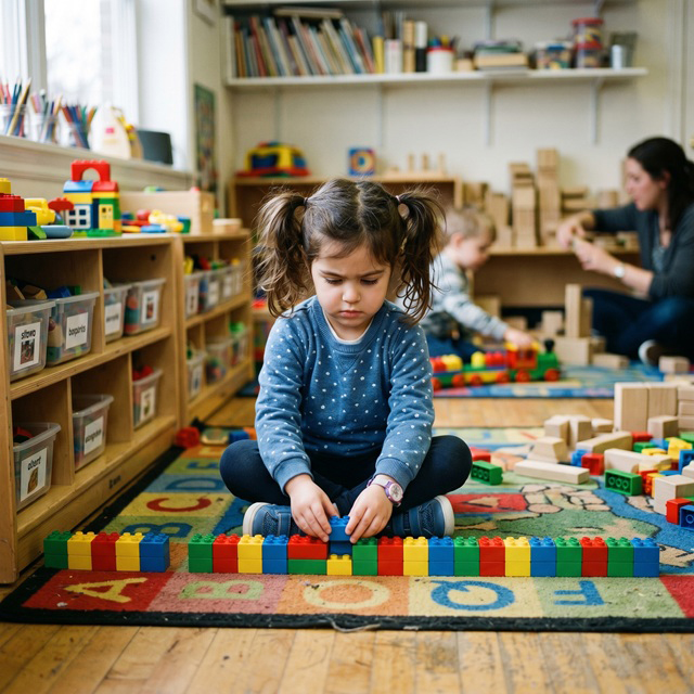 Oyuncaklarını özenle aynı sıraya dizen küçük çocuğun yoğunlaşmış, sakin ifadesi