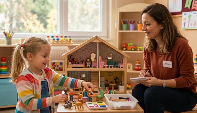 Çocukla güvenli ilişkiyi destekleyen oyun terapisi sahnesi